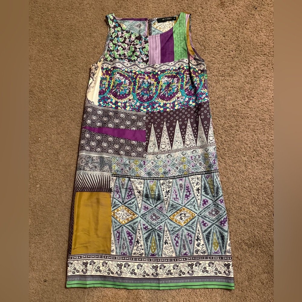 ETRO 100% silk mini dress small multi pattern funky floral designer sleeveless